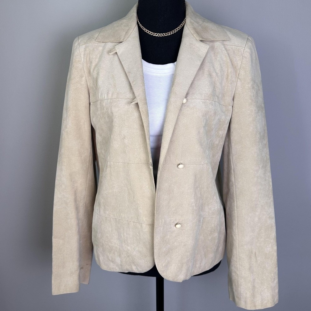 Blazer Women 8 Beige Faux Suede Button Front Jacket Classic Professional Flaw